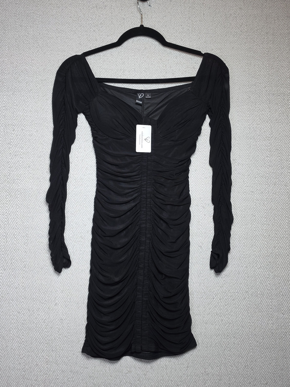 Windsor Black Ruched Long Sleeve Bodycon Womes S Dress Sheer Sleeves